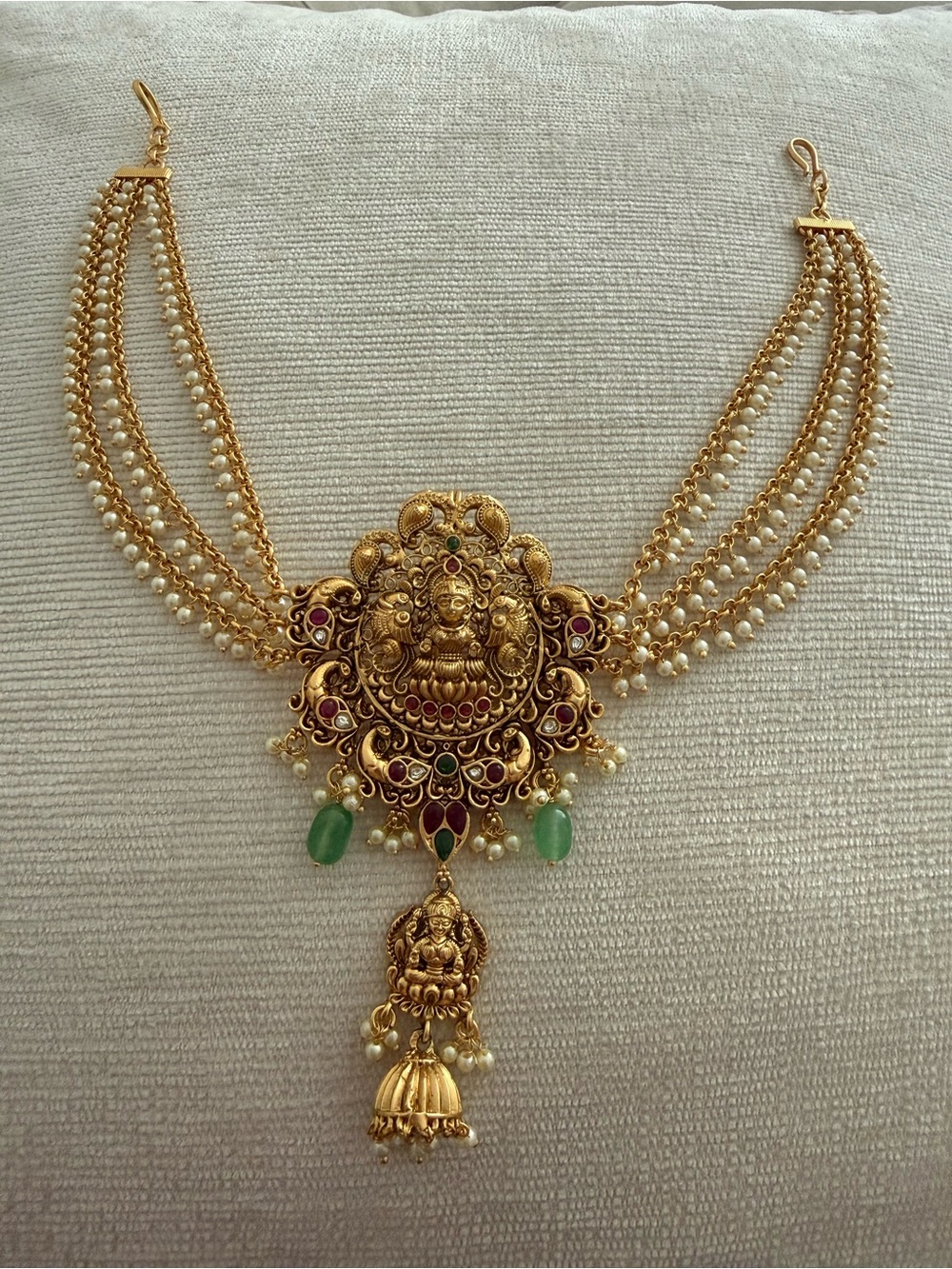 Indian Gold-Tone Temple Bridal Hair accessory with Green and White Accents